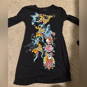 Fashion Nova Ed Hardy Black Bodycon Dress w/ Vibrant Floral and Butterfly Design